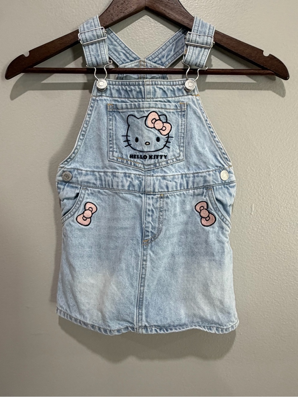 H&M Light Blue Denim Hello Kitty Overall Skirt with Pink Bow Appliqués